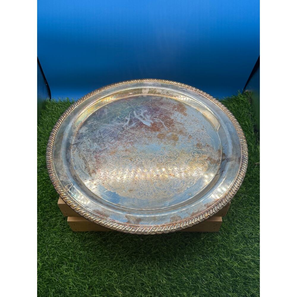 Vintage Leonard Silverplate Round Serving Tray – 15" Ornate Engraved Platter